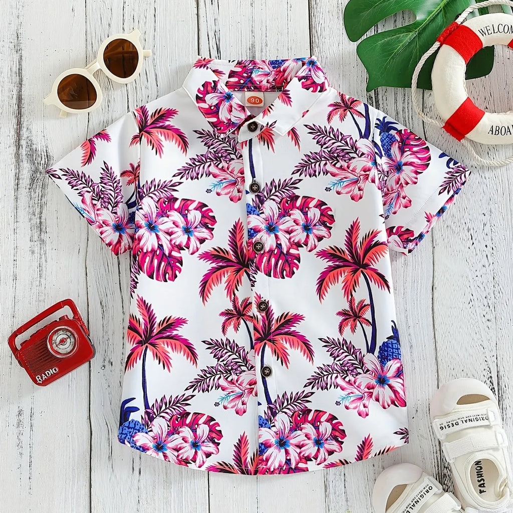 Top respirável casual floral e foliar infantil, blusa de meninos, perfeita para praia, férias, elegante, verão