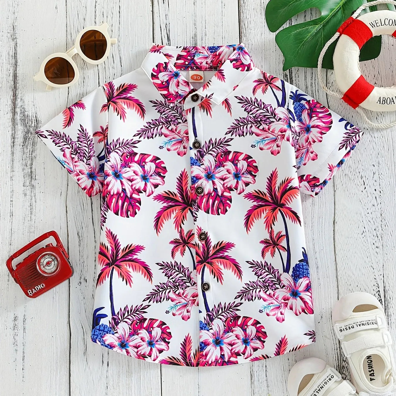 Top respirável casual floral e foliar infantil, blusa de meninos, perfeita para praia, férias, elegante, verão