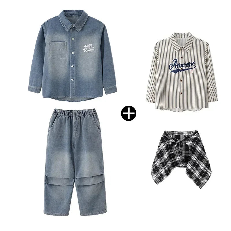 Crianças menino menina solta casual streetwear moda hip hop crianças denim camisa calça jeans define ternos agasalho roupas de palco traje