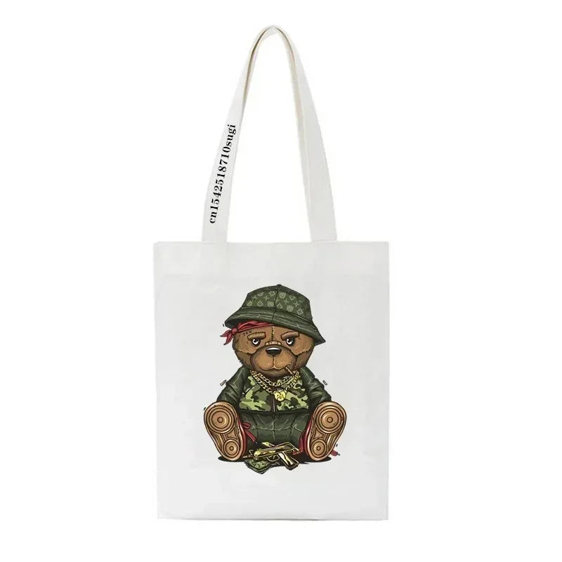Moda urso impressão eco mulheres sacos de ombro bolsa feminina lona saco de compras casual grandes senhoras viagem totes sacos