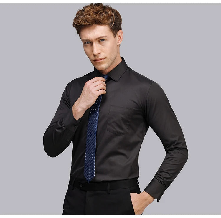 Camisas sociais masculinas clássicas de manga comprida, ajuste padrão, formal, negócios, social, simples, design básico, branco, trabalho, escritório, camisa casual