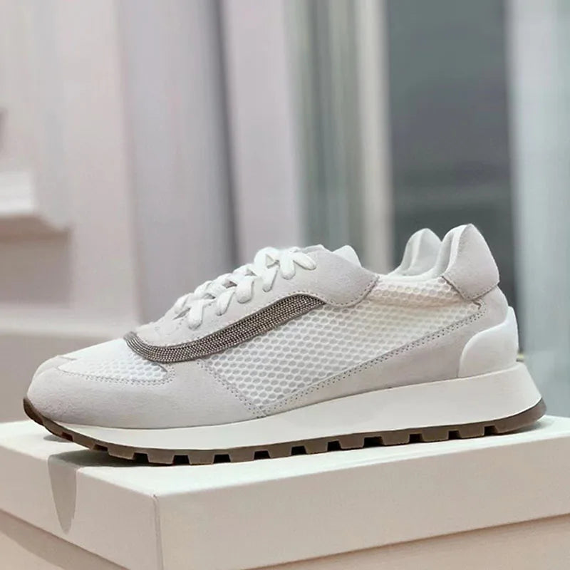 Sapatos casuais mulher dedo do pé redondo corrente corda grânulo conforto tênis de corrida senhoras camurça vaca retalhos rendas até tênis planos