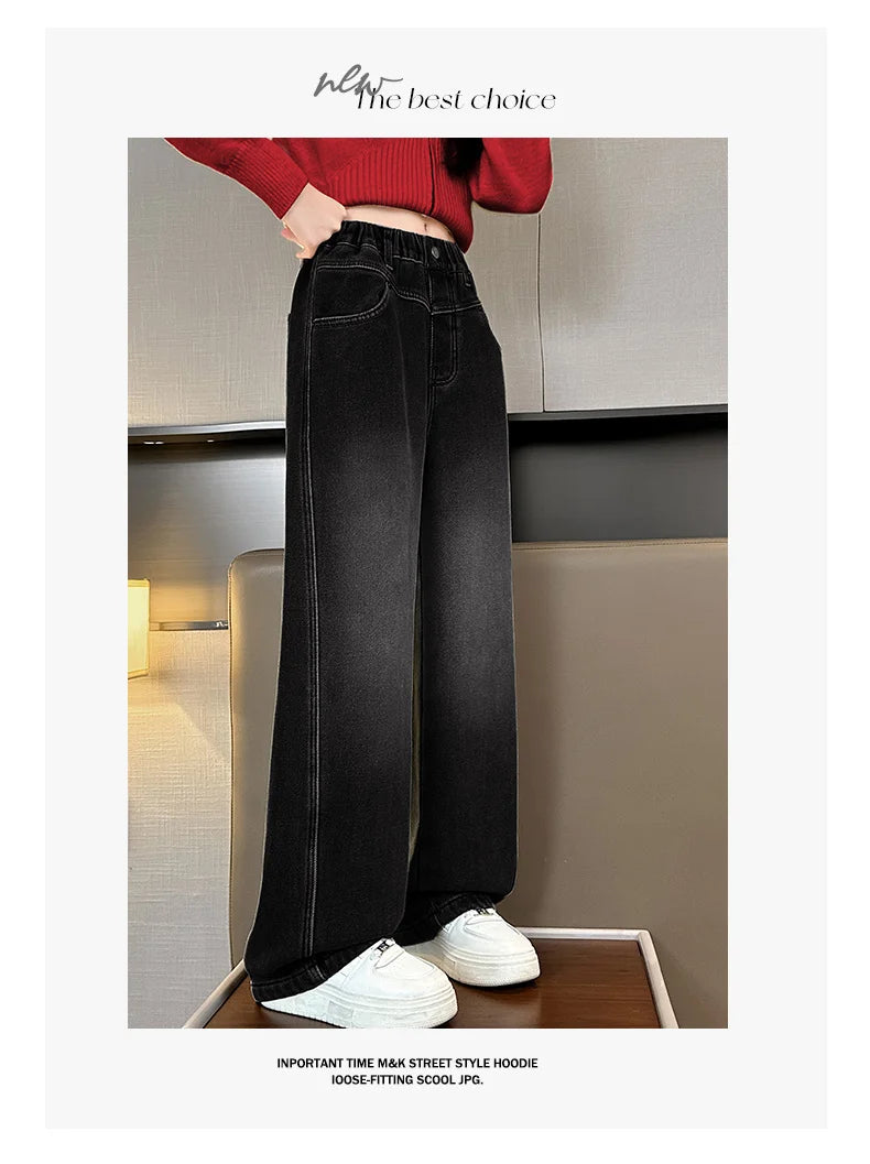Crianças casuais solto em linha reta ajuste jeans para meninas perna larga legal calças jeans crianças adolescente primavera cintura elástica calças jeans
