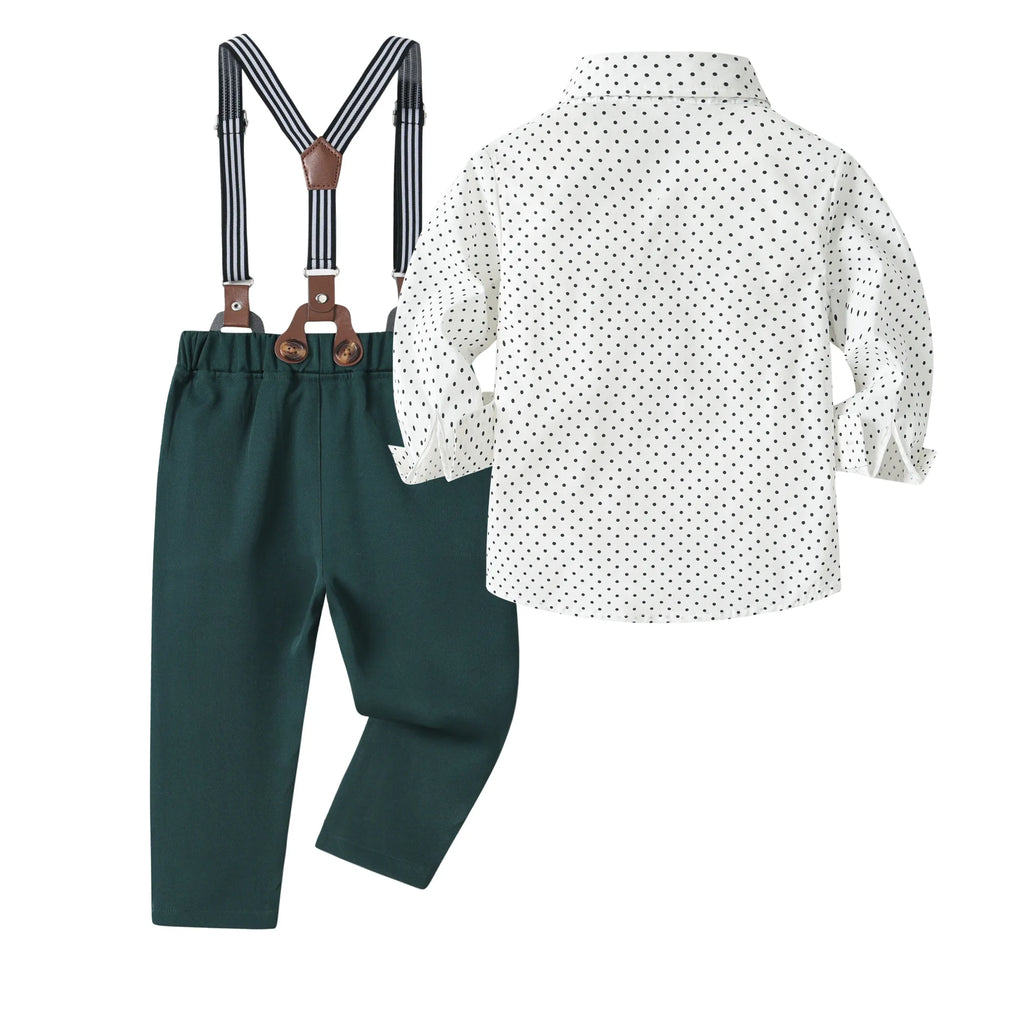 Camisa estampada às bolinhas com calças sólidas para meninos, conjunto de arco suspensor infantil, roupa de cavalheiro, traje de aniversário, 2 a 6 anos, primavera