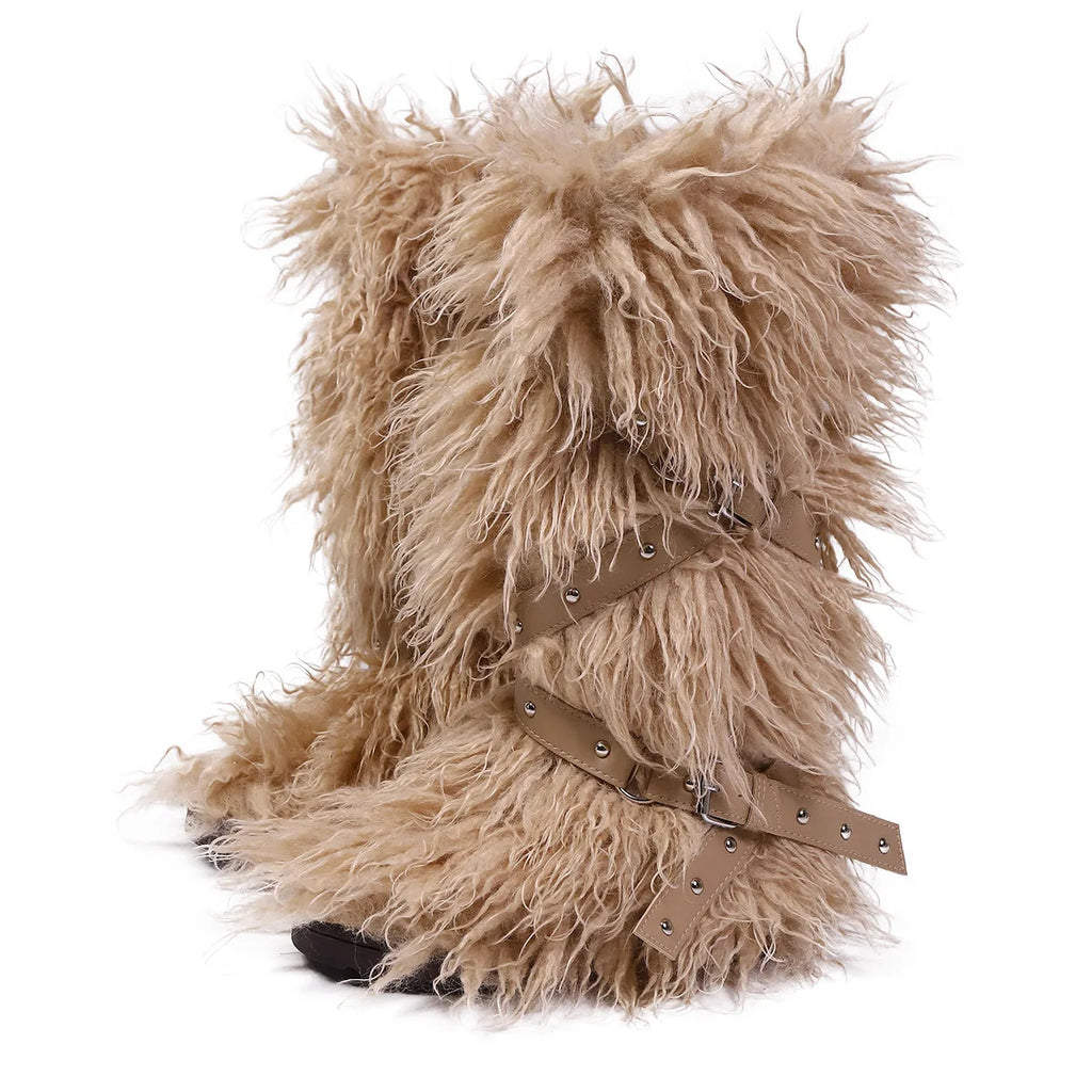 Botas femininas felpudas até o joelho |   Calçado de inverno com detalhes multi-fivela, texturas de leopardo e shearling