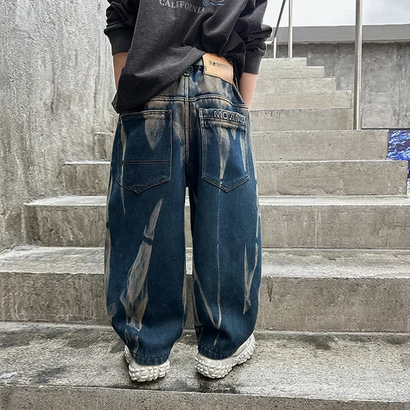 Crianças graffiti jeans meninos primavera e outono 2025 novas crianças adolescentes bonito meninos perna reta solta calças de perna larga