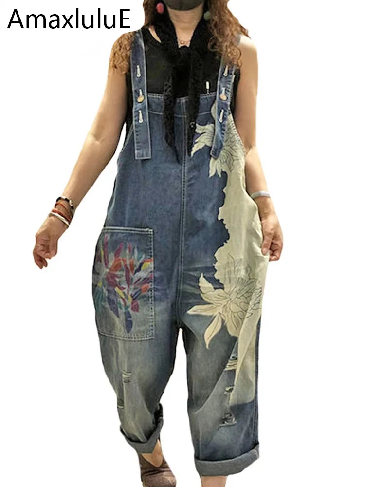Amax lulue 2025 moda coreana primavera feminino impresso denim macacão senhoras vintage casual jeans feminino calças soltas calças largas