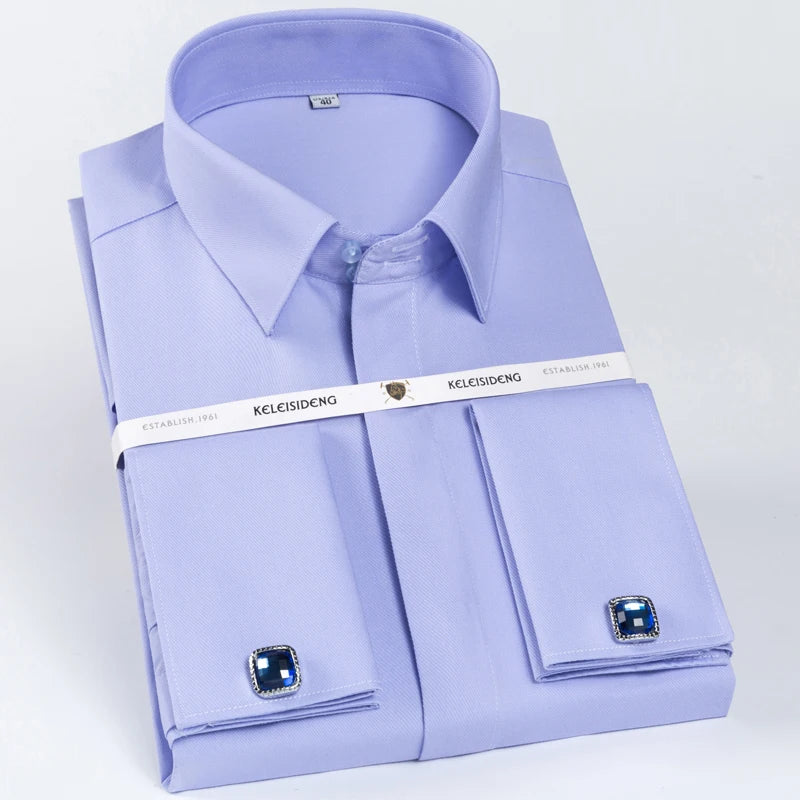 Camisa masculina clássica com punho francês, botão oculto, manga comprida, formal, ajuste padrão, camisas brancas (abotoaduras incluídas)