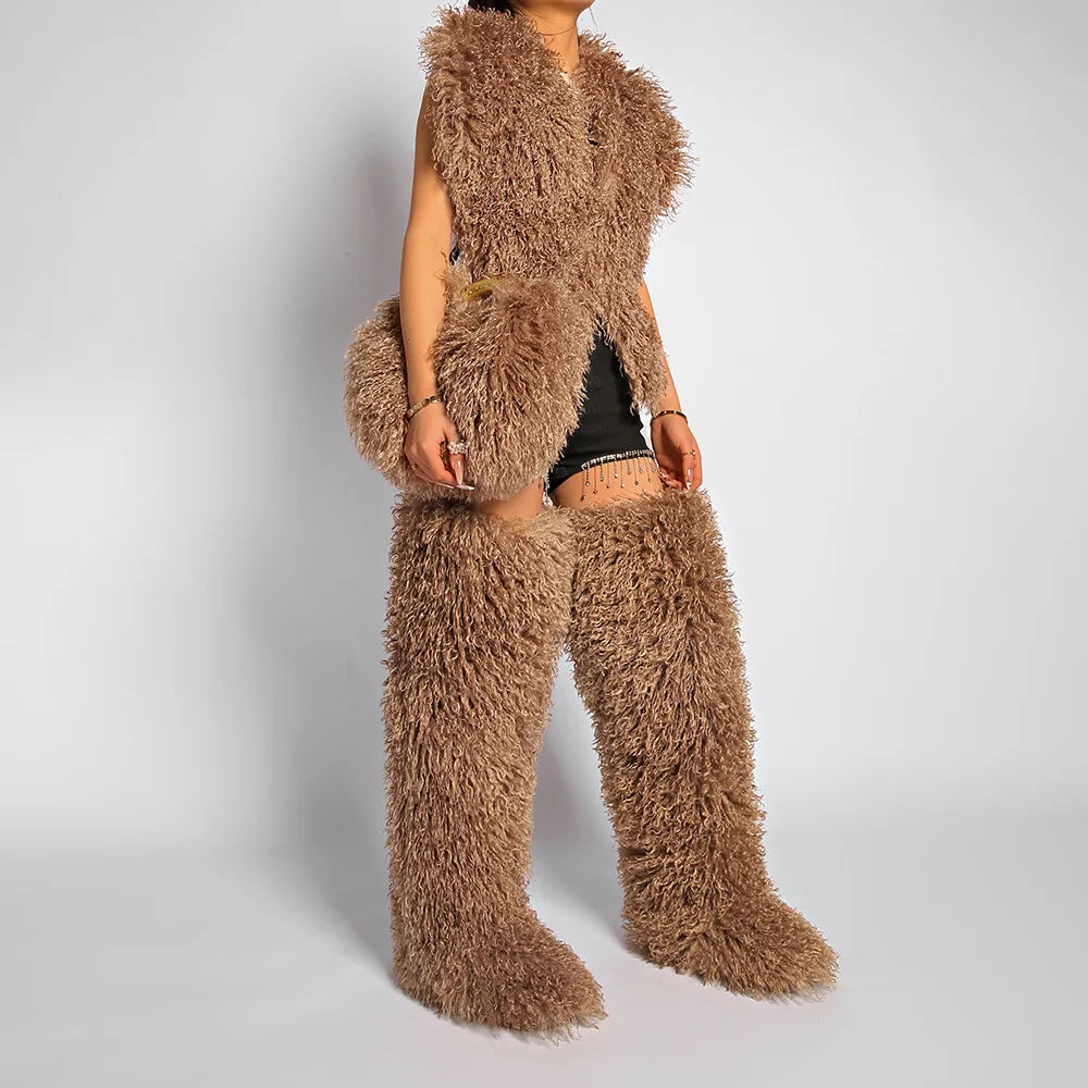 Moda feminina longa pele lã saco praia falso lã pele bolsa de ombro senhoras peles falsas bolsa luxo mongol ovelhas sacos de pelúcia