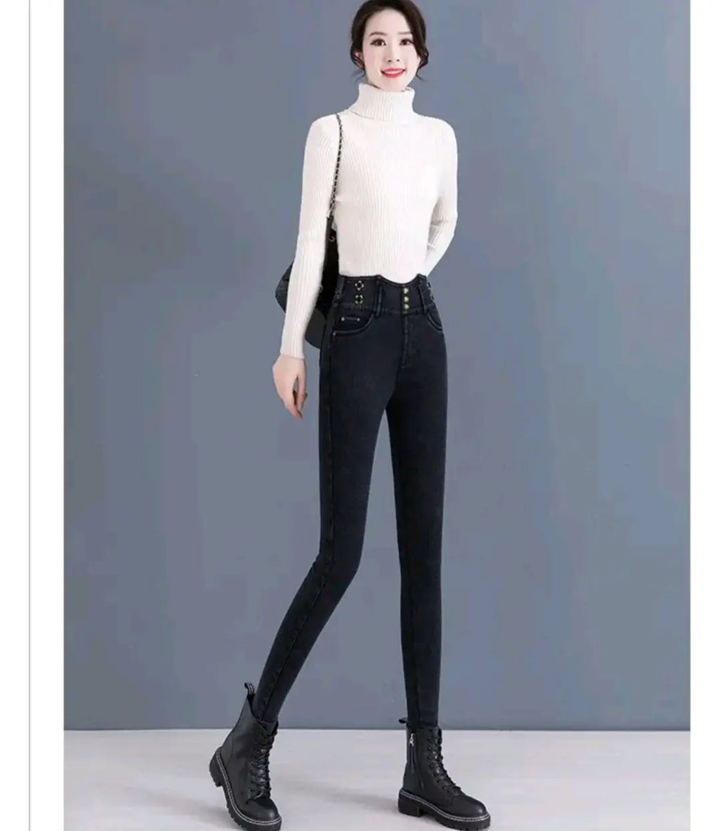 Jeans coreano elástico de cintura alta com pelúcia ártica, zíper de botão monocromático, calça lápis reta preta, moda fina, outono e inverno, nova