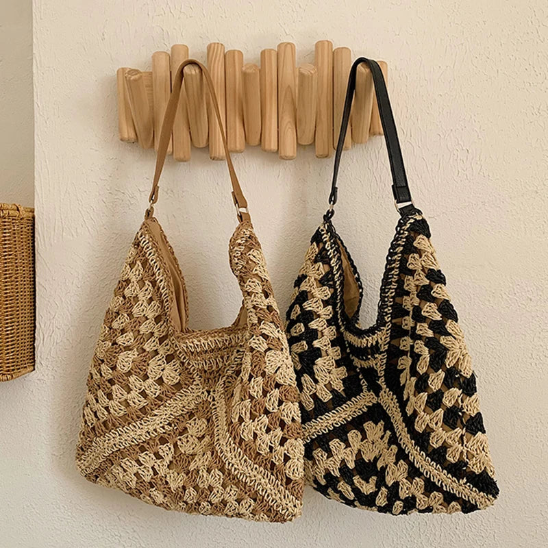 Bolsa de ombro de palha tecida feminina popular bolsa de tamanho médio com alça para férias na praia