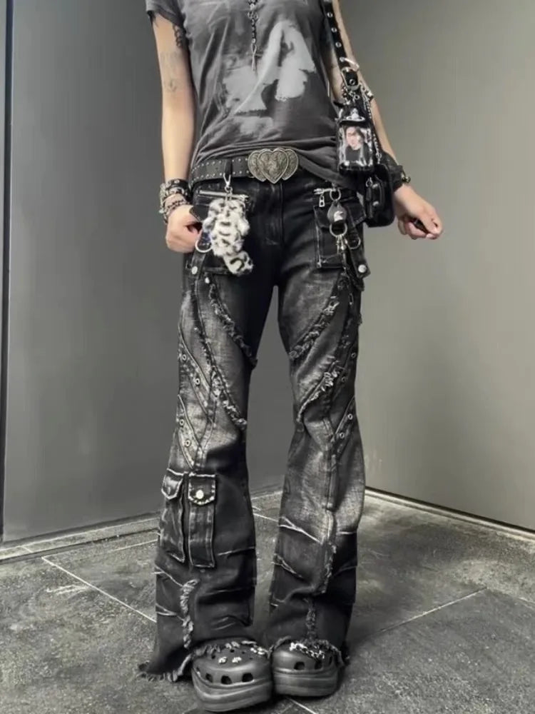 2025 outono inverno calças jeans femininas escuro academia carga jean queimado sino inferior designer kpop japonês y2k 2000s goblin core