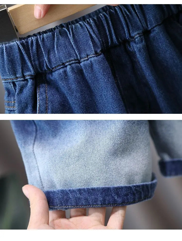 Conjunto de roupas infantis de verão para bebês, meninos, camisa de manga de algodão + shorts jeans, 2 peças, roupas infantis de 1 2 3 4 5 6 7 anos