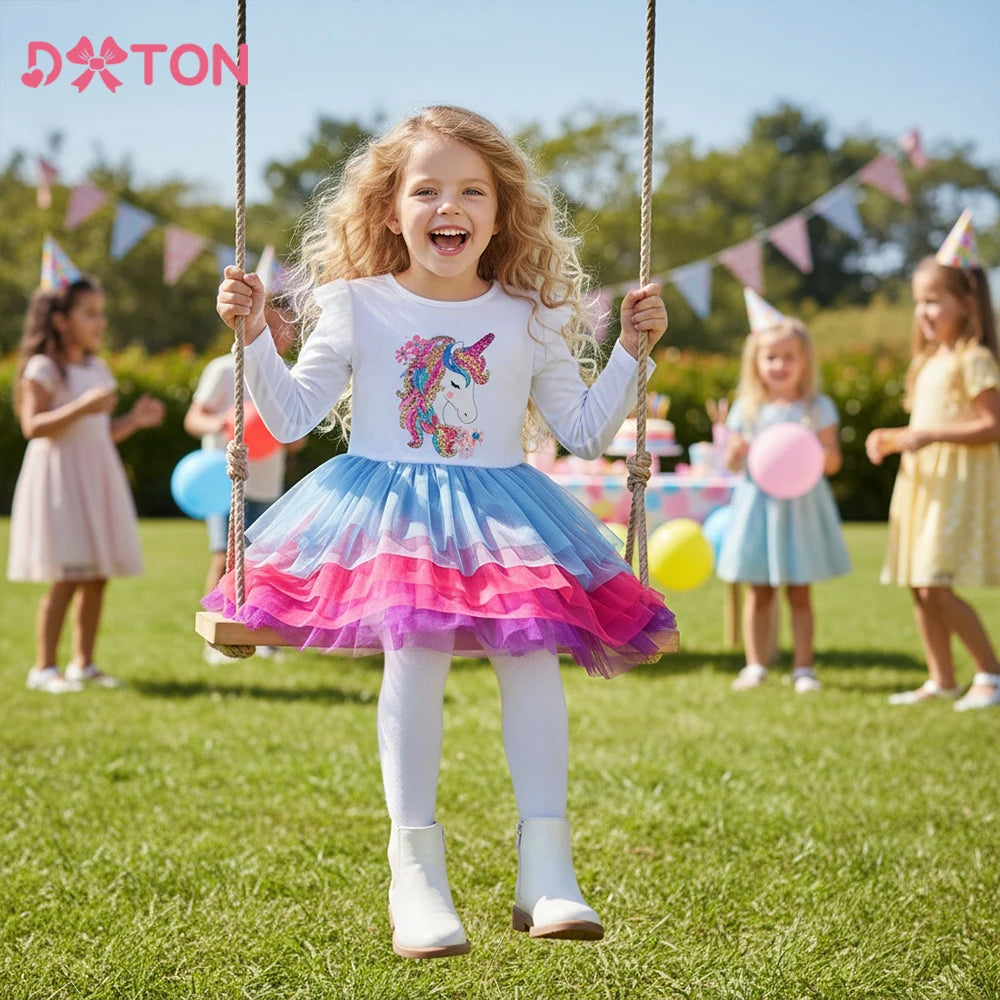 Dxton princesa bolo malha vestido meninas vestido de festa de aniversário branco crianças roupas de algodão outono crianças dos desenhos animados lantejoulas outfits