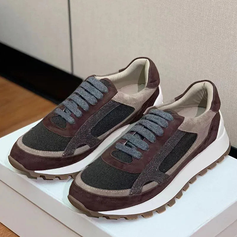Sapatos casuais mulher dedo do pé redondo corrente corda grânulo conforto tênis de corrida senhoras camurça vaca retalhos rendas até tênis planos