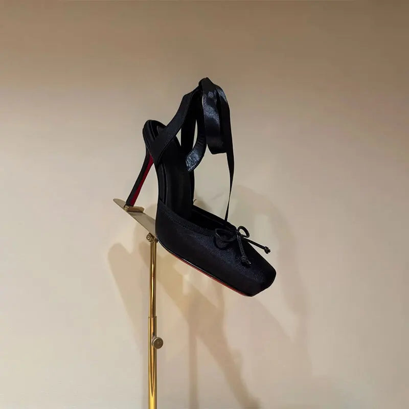 Sandálias stiletto de ar traseiro feminino quadrado bandana borboleta festa de casamento ballet salto alto 2025 verão novo estilo