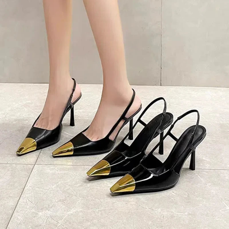 Novo verão sandálias femininas de salto alto ouro cabeça de ferro couro patente preto stiletto cabeça quadrada dedo do pé fechado estilingue volta sapatos