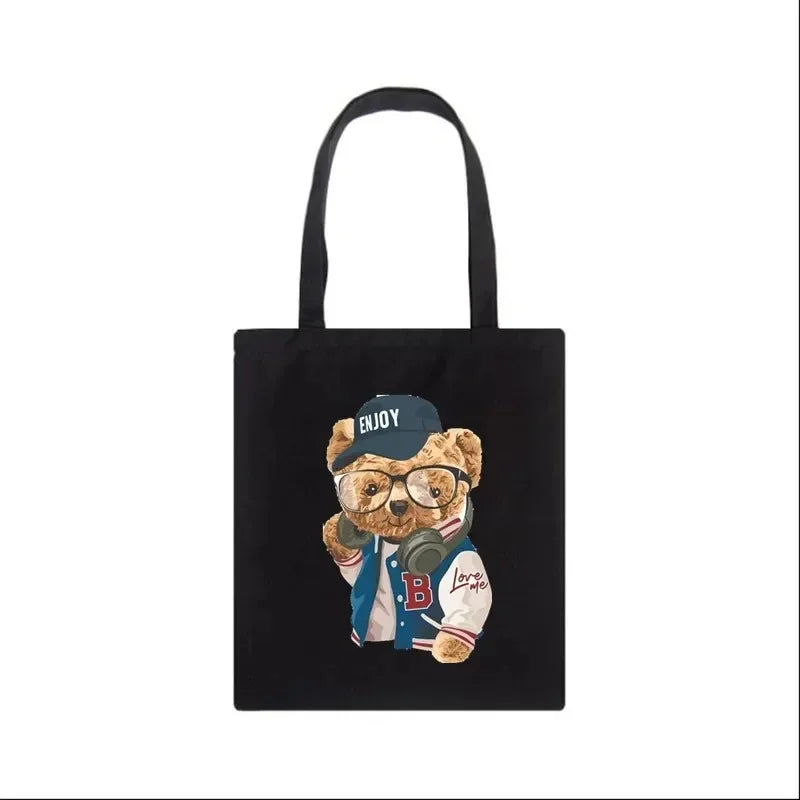 Moda urso impressão eco mulheres sacos de ombro bolsa feminina lona saco de compras casual grandes senhoras viagem totes sacos
