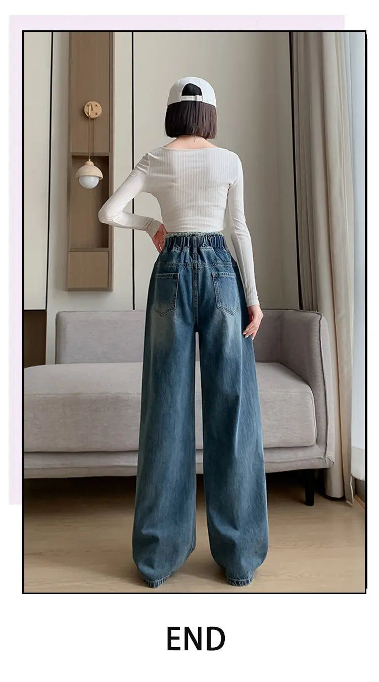 Calças jeans de tamanho grande femininas trilha reta perna larga solta cintura alta fina renda borla calças superiores