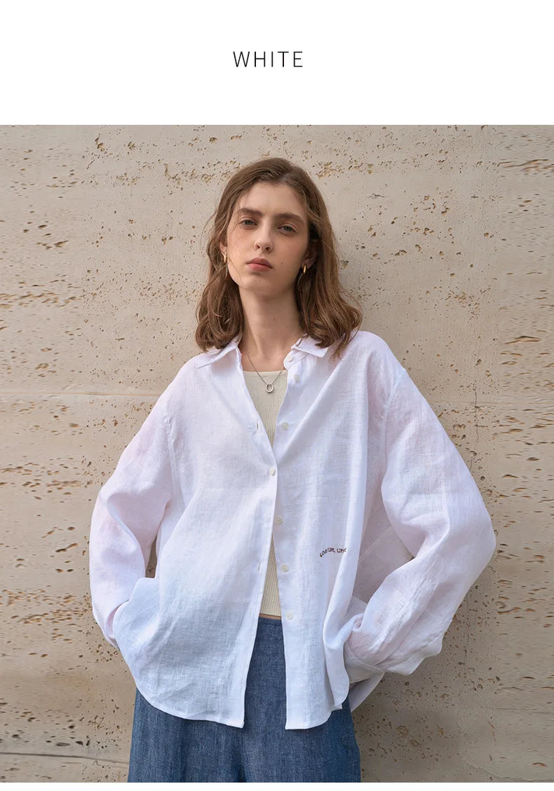 Camisa Feminina 100% Linho 2026 Nova Coleção Primavera Verão Casual com Gola Lapela Cardigã Protetor Solar Bordado Manga Longa Branca
