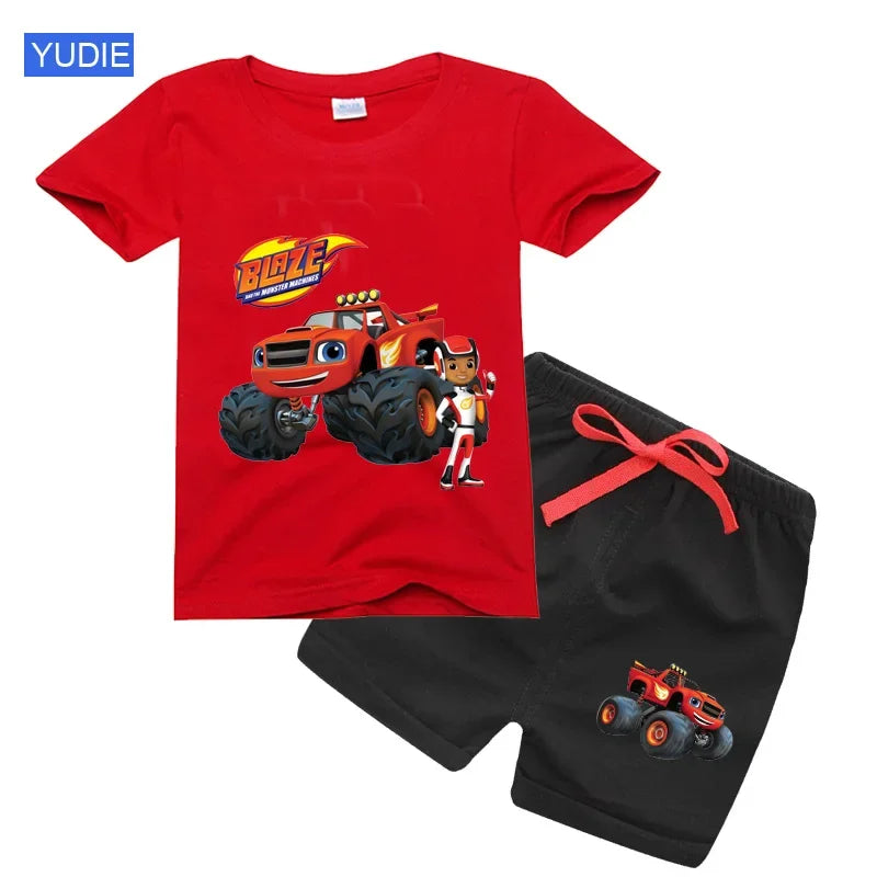 Conjunto de t-shirts e shorts para bebês e meninas, roupas de desenhos animados, velocidade incrível, carros, máquinas monstro, crianças, terno 2pcs, verão