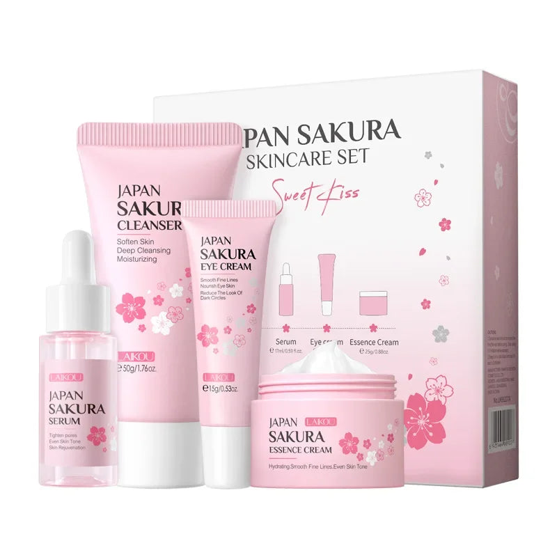 Conjuntos de cuidados com a pele Laikou Sakura com limpador, sérum, creme para os olhos, creme essencial, produtos de beleza para mulheres, presente de Natal.