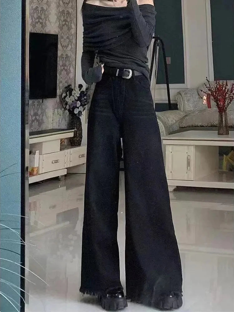 Preto perna larga jeans feminino outono vintage borda crua borlas bootcut calças jeans soltas cintura alta streetwear harajuku novo