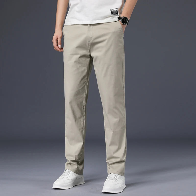 Calças masculinas de algodão casual estiramento calças masculinas homem longo em linha reta alta qualidade 4 cores plus size calça terno 42 44 46