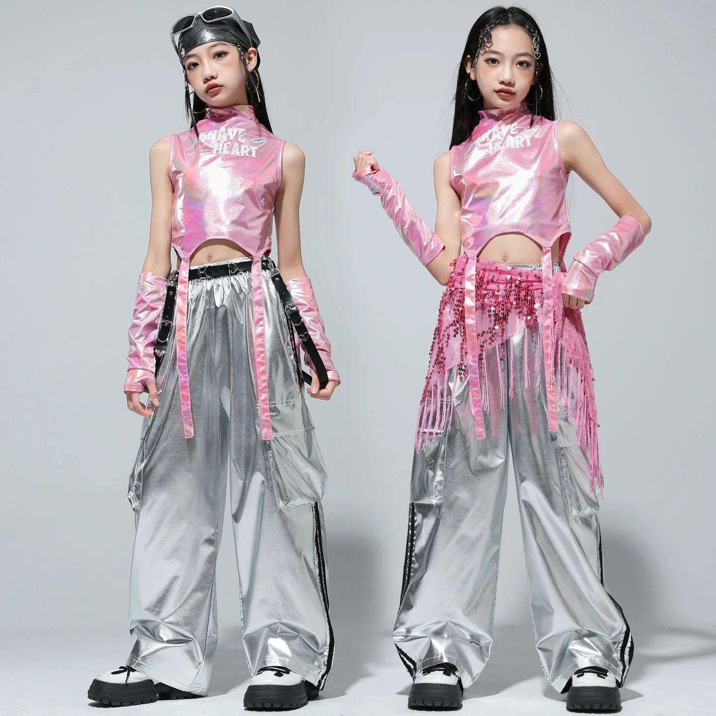 Meninas k-pop brilhante colheita superior calças de carga shorts de dança de rua crianças hip hop jazz conjuntos de roupas crianças streetwear menina grupo traje