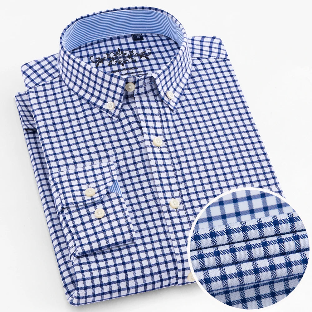 Camisa casual de trabalho listrada xadrez oxford de manga comprida masculina com bolso, camisas de botão de ajuste regular de mistura de algodão primavera outono