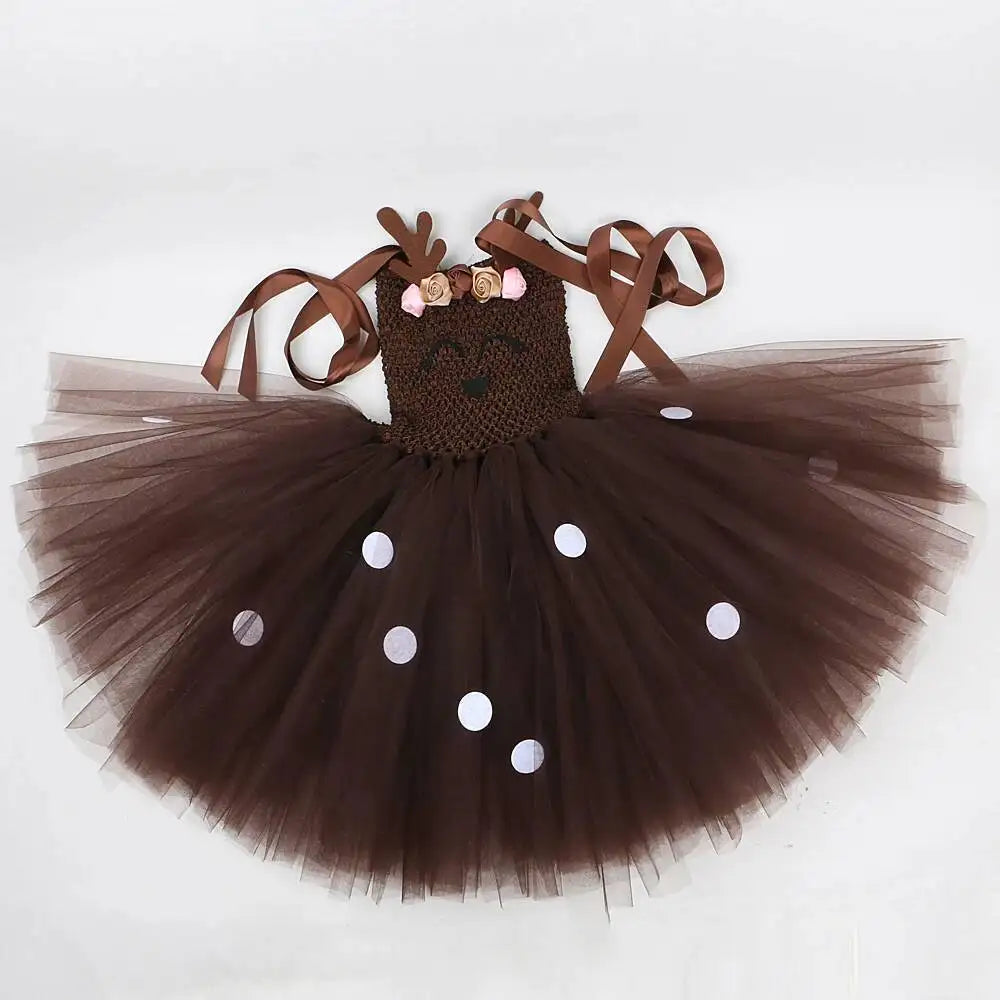Bebê meninas trajes de veados de natal para crianças flor rena vestidos de princesa crianças natal ano novo ballet tutus outfit com arco