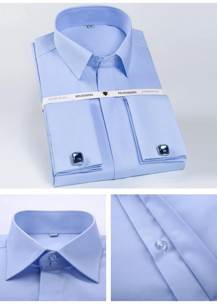 Camisa masculina clássica com punho francês, botão oculto, manga comprida, formal, ajuste padrão, camisas brancas (abotoaduras incluídas)