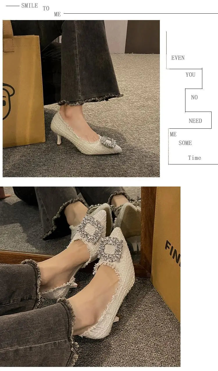 Salto estilete para mulheres, sandálias de strass, botão quadrado, sapatos de casamento, moda feminina, branco, 2024