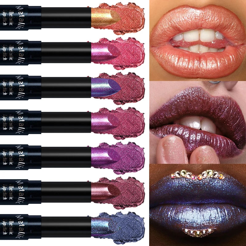 Diamante rosa batom metálico glitter batom à prova dwaterproof água brilhante perolado azul escuro vermelho fosco brilho labial halloween lábios maquiagem