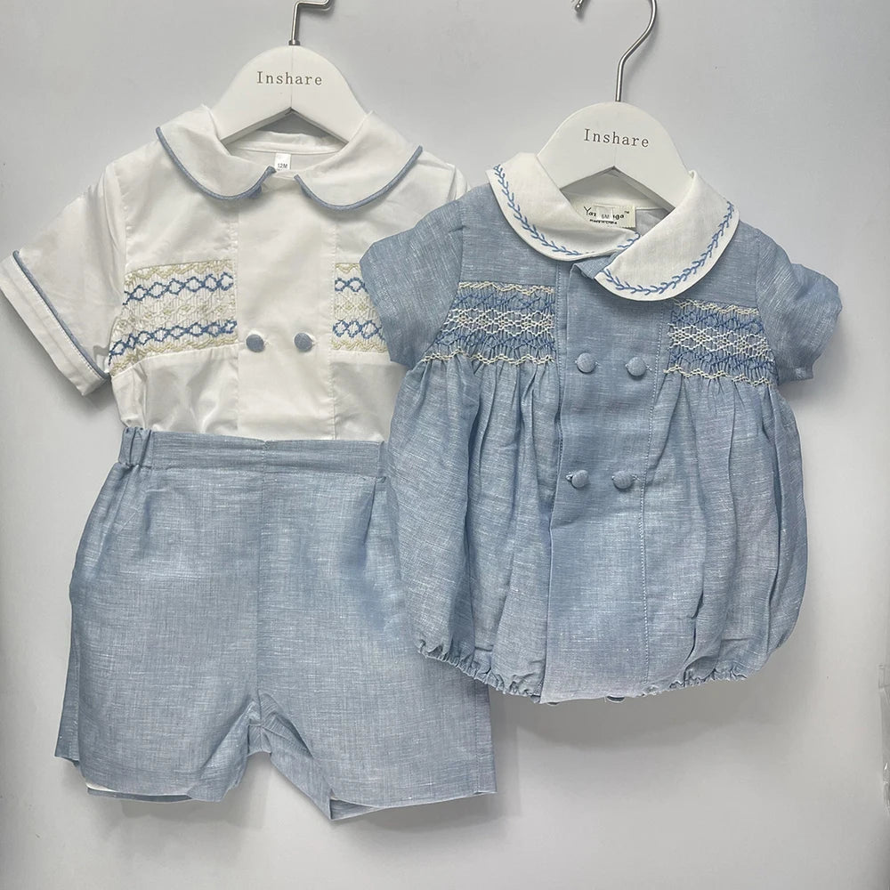 Roupa de boutique infantil, artesanal para menino, conjunto bordado, algodão azul, manga curta, roupa de irmãos, batizado, aniversário