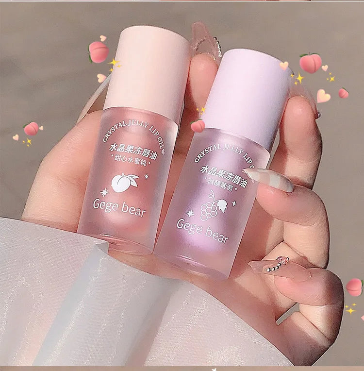 Óleo Labial Gege Bear Crystal Jelly Fruit com Pêssego, Uva e Abacate, Hidratante, Nutritivo e Clareador de Linhas Labiais