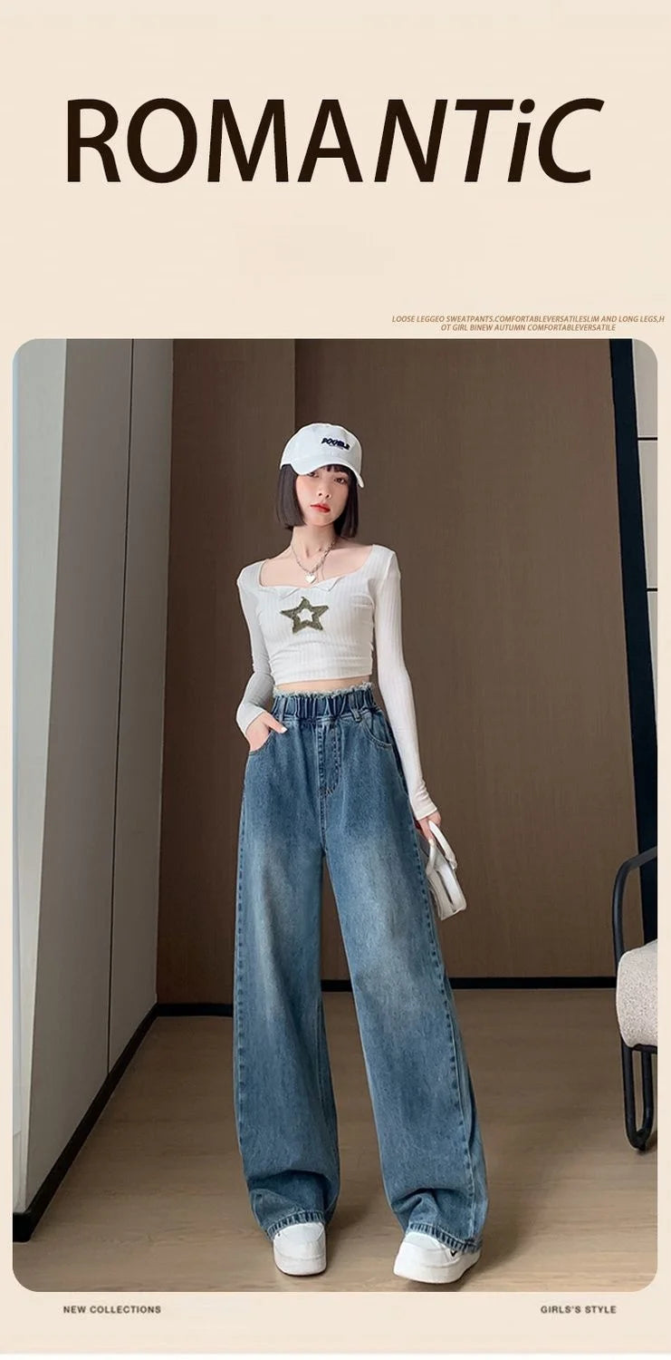 Calças jeans de tamanho grande femininas trilha reta perna larga solta cintura alta fina renda borla calças superiores