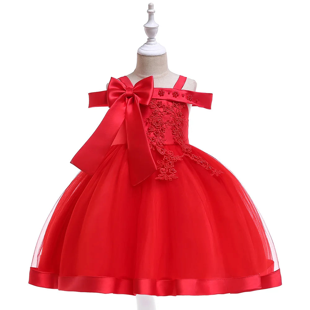 Apliques Femininos Flor Elegante Vestido de Noiva com Laço, Vestidos de Festa de Natal Infantil, 3 a 10 anos
