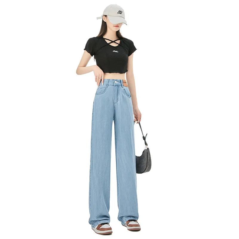 Jeans de cintura alta de seda gelo feminino, verão, azul, solto, perna larga, elegante, simples, lazer, todos os fósforos, diário, na moda, chique, moda coreana