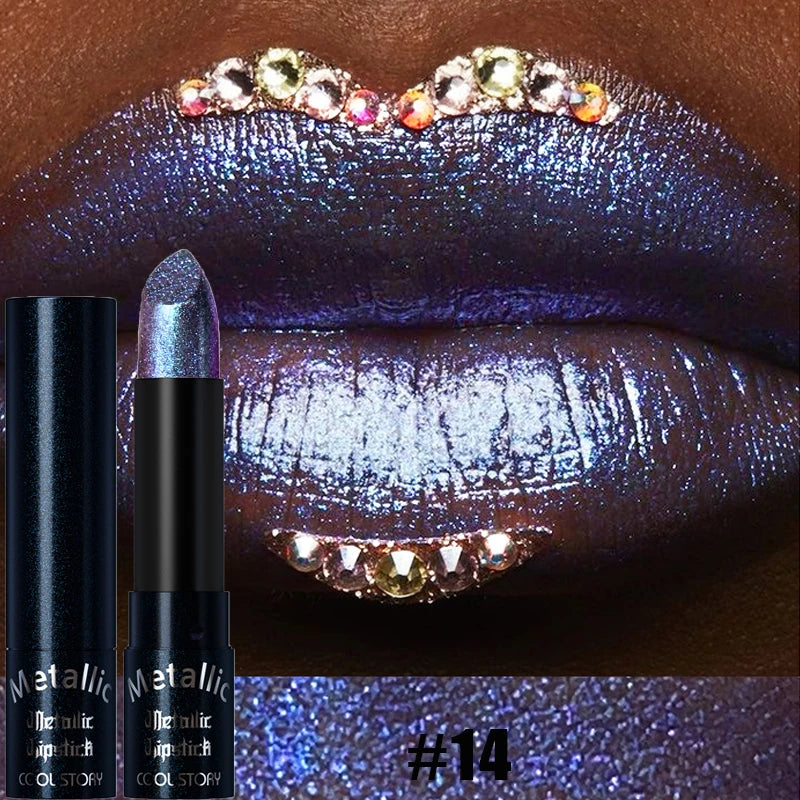 Diamante rosa batom metálico glitter batom à prova dwaterproof água brilhante perolado azul escuro vermelho fosco brilho labial halloween lábios maquiagem