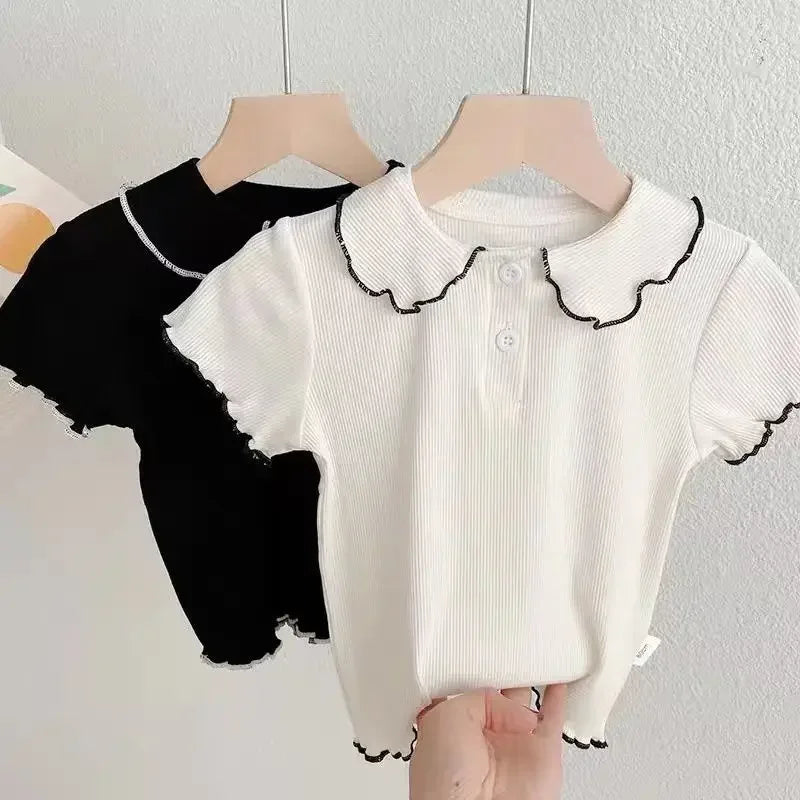 T-shirts de Peter Pan Collar infantil, infantil, meninas, fofo, casual, sólido, preto, branco, estilo coreano, verão, nova chegada, 2022