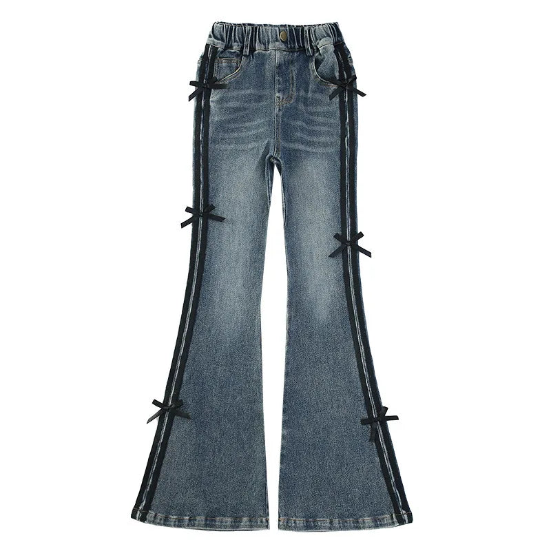 Crianças inverno fino ajuste bootcut flanela forrado jeans para meninas elegante isolado queimado calças jeans crianças calças térmicas quentes