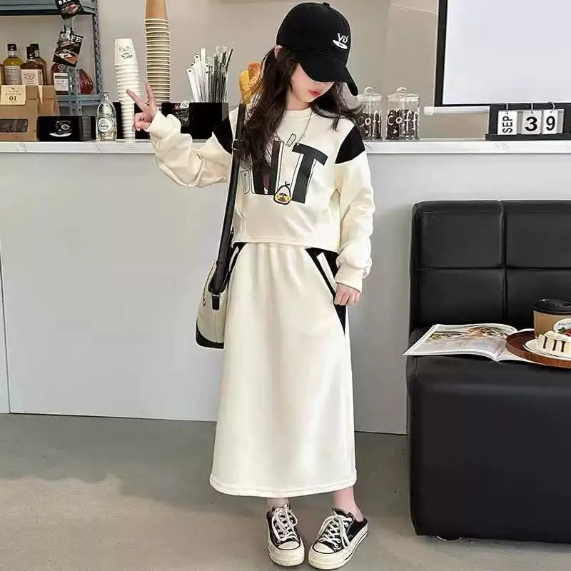 Roupas de Inverno e Outono 2026 para Meninas e Adolescentes: Blusas com Letras, Moletom com Capuz + Saias com Fenda para Idades de 4 a 13 Anos