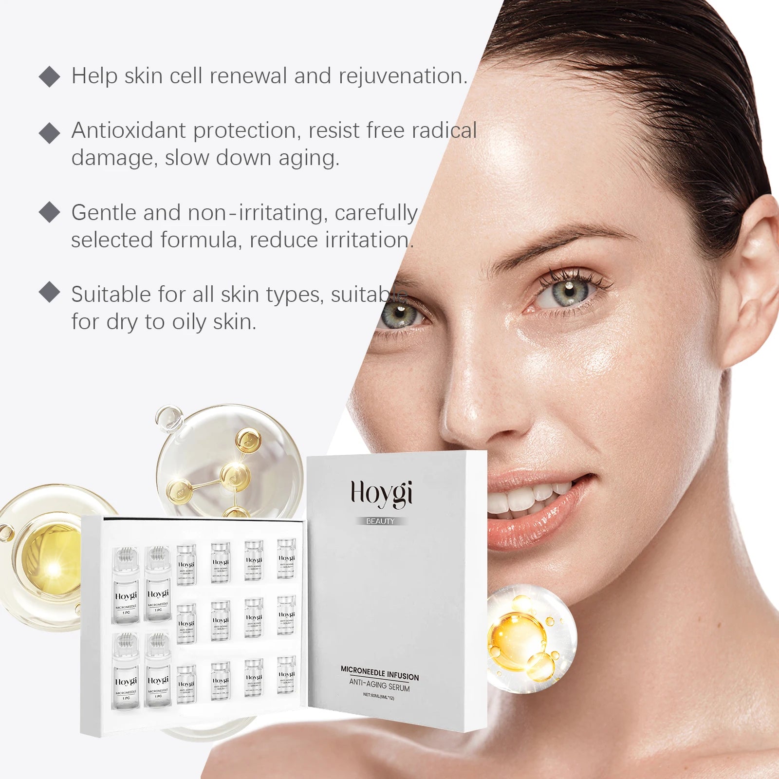 Conjunto de Sérum Facial Firmador com Rolo de Microagulhas, Essência Facial Anti-Envelhecimento, Hidratante, Suavizante e Embelezadora da Pele