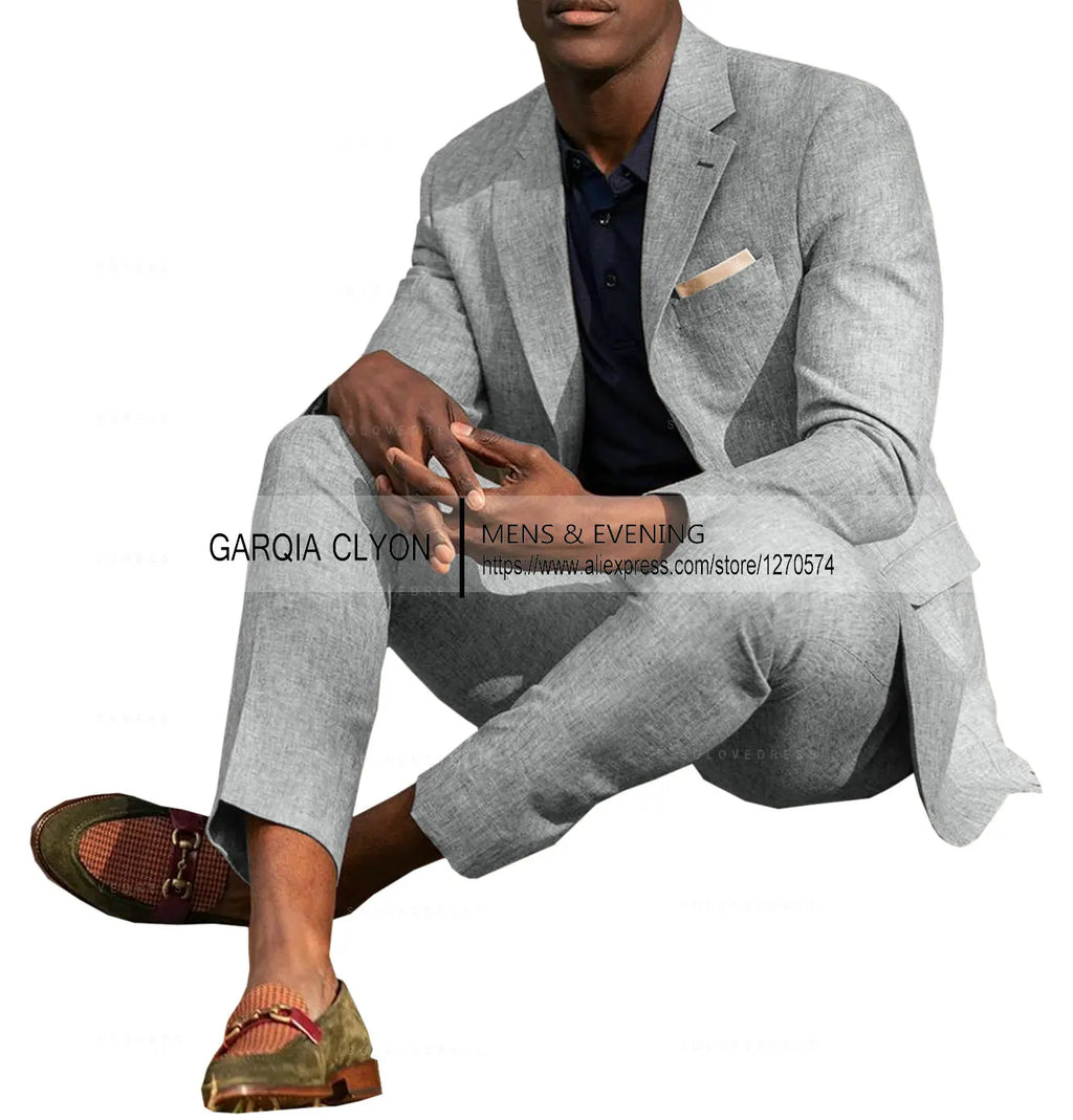 Ternos masculinos de linho, 2 peças, verão, casual, lapela de entalhe, ternos de casamento masculinos (blazer + calça)