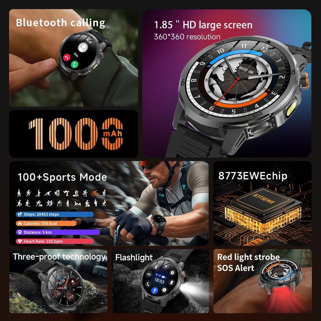 Novos Relógios Inteligentes Militares para Atividades ao Ar Livre 2026, Tela AMOLED de 1,85 polegadas, Bateria Grande de 1000mAh, À Prova D'água 10ATM, Chamada, Esportes, Pulseira Fitness Masculina