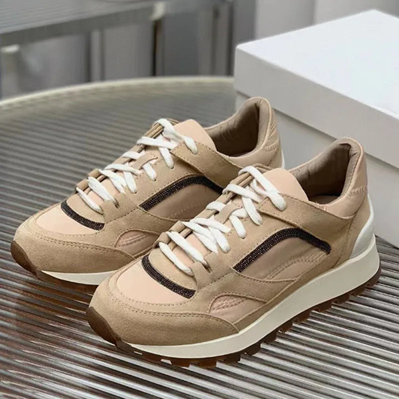 Sapatos casuais mulher dedo do pé redondo corrente corda grânulo conforto tênis de corrida senhoras camurça vaca retalhos rendas até tênis planos