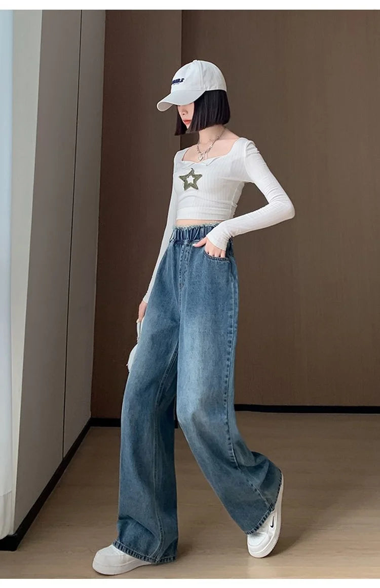 Calças jeans de tamanho grande femininas trilha reta perna larga solta cintura alta fina renda borla calças superiores