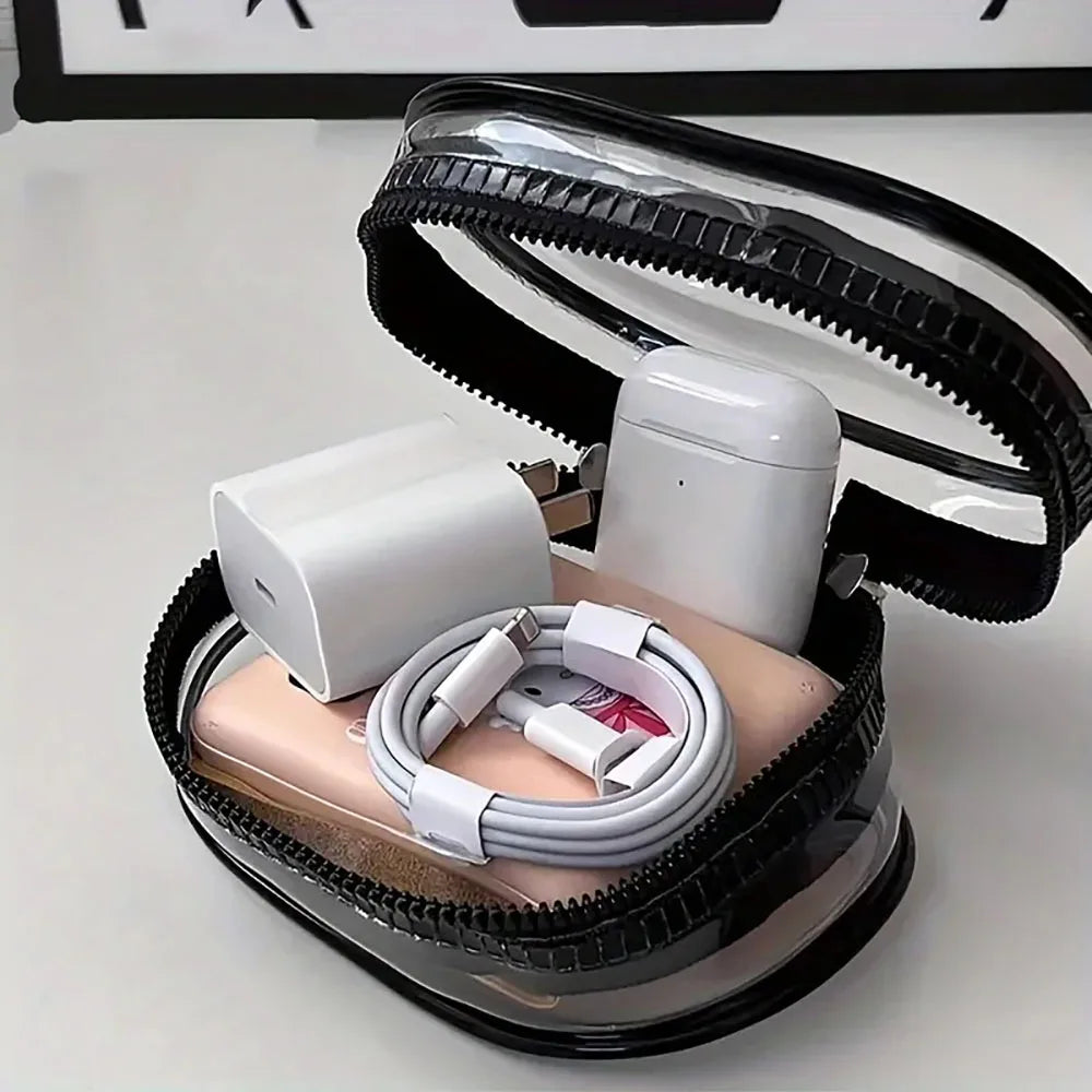 Mini saco de armazenamento com zíper transparente, chaveiro portátil, boneca de desenho animado, organizador de brinquedos para fones de ouvido, carregadores, cabo de dados, sacos de presente