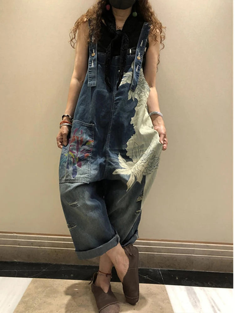 Amax lulue 2025 moda coreana primavera feminino impresso denim macacão senhoras vintage casual jeans feminino calças soltas calças largas